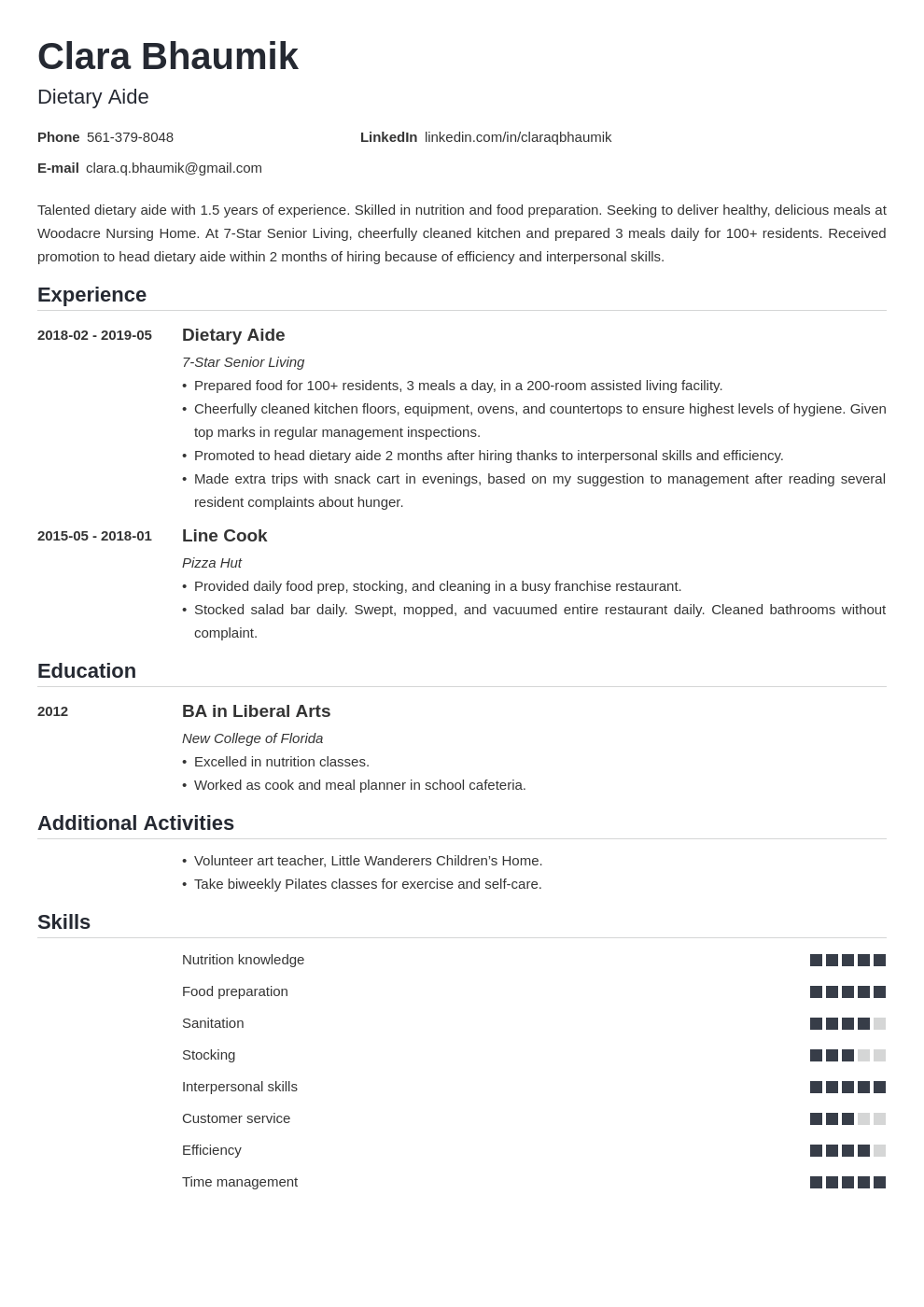 dietary aide resume example template nanica
