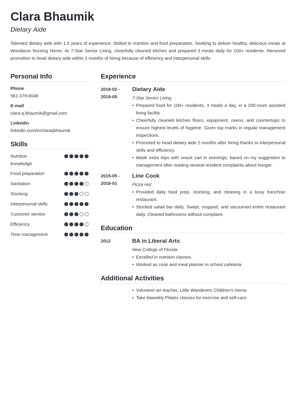 dietary aide resume example template simple