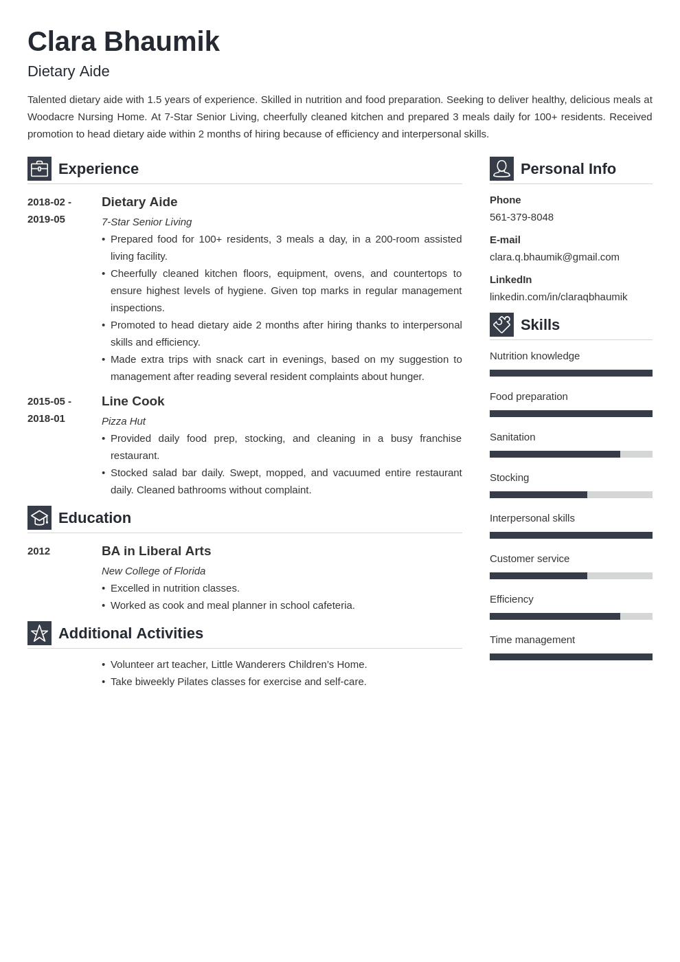 dietary aide resume example template vibes