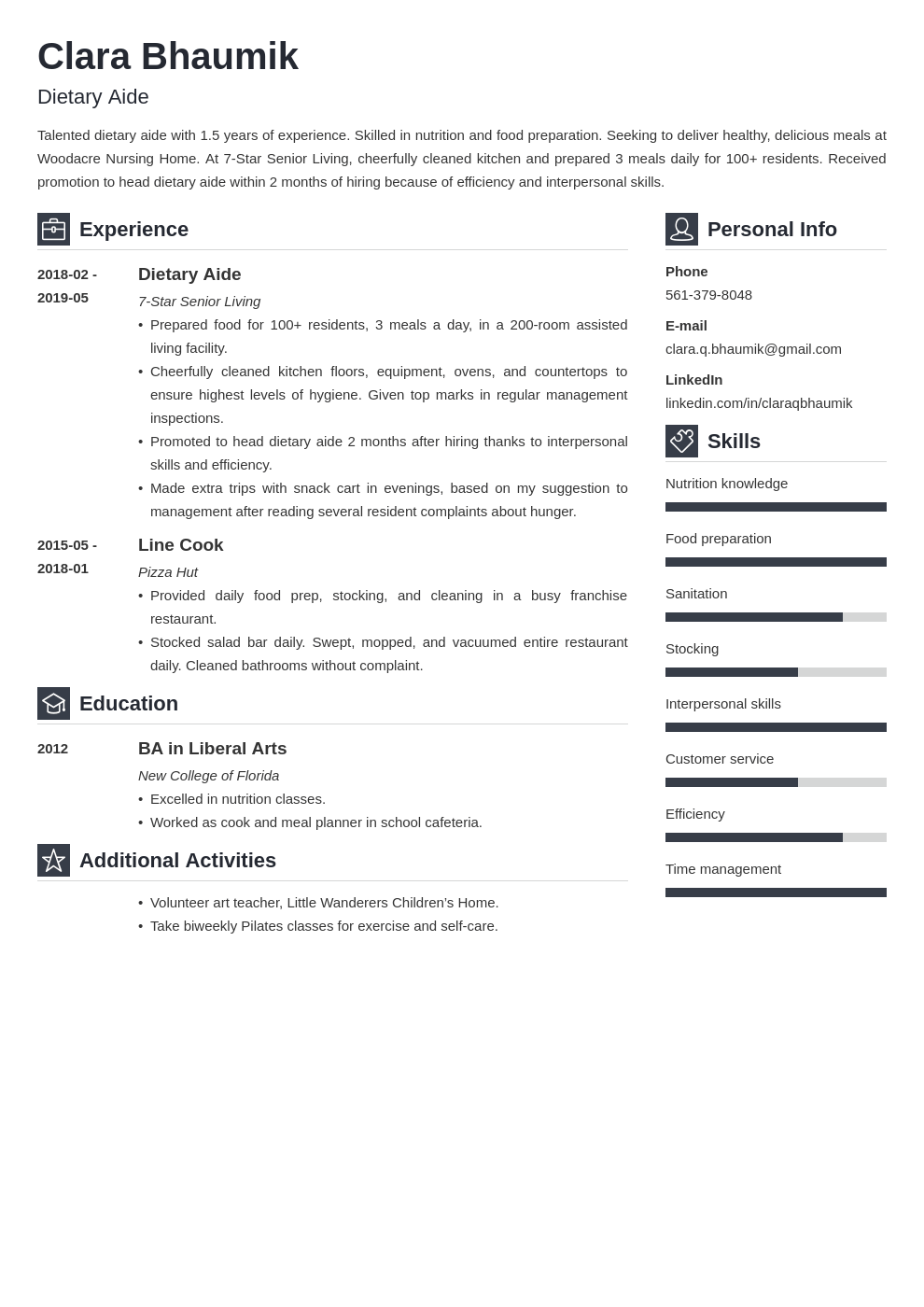 Dietary Aide Resume Sample 20 Job Description Tips