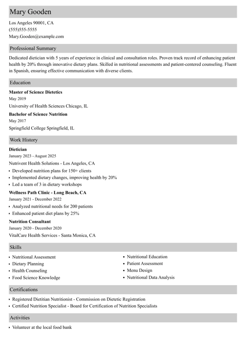 dietician engineer resume example