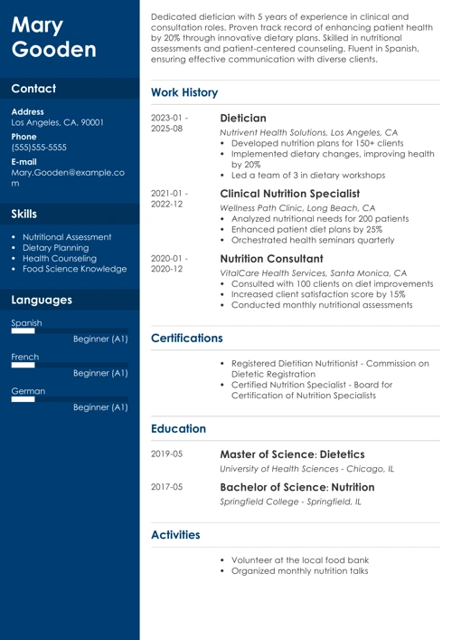 dietician engineer resume example