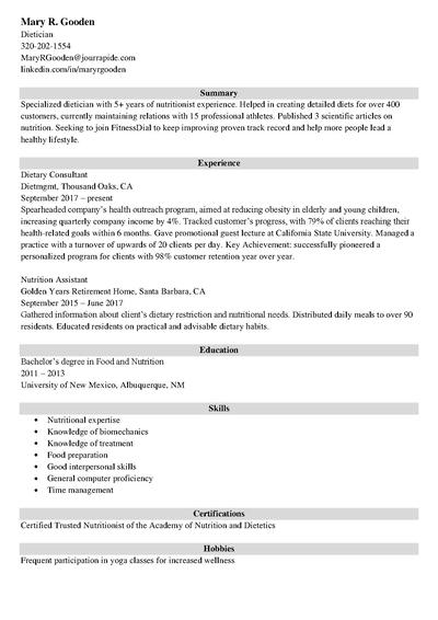 dietician engineer resume