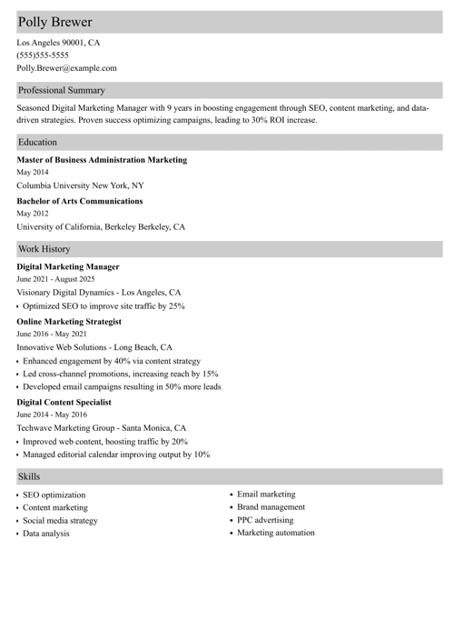 digital marketing manager resume example