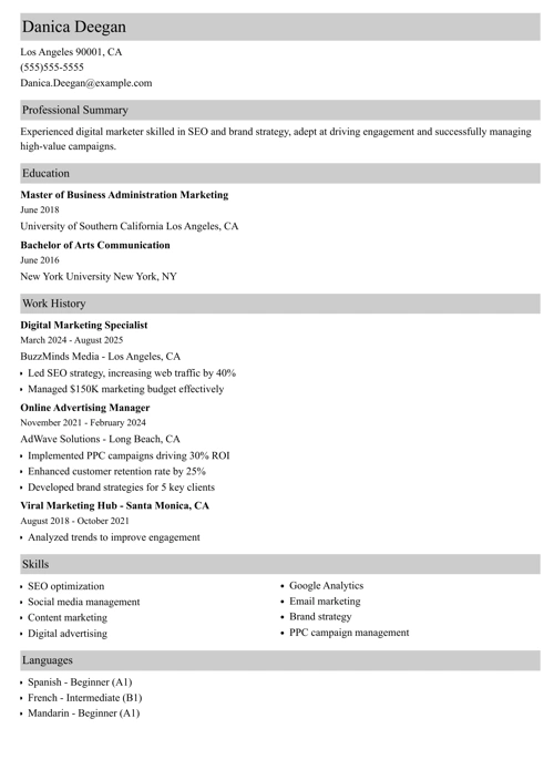Digital marketing resume example