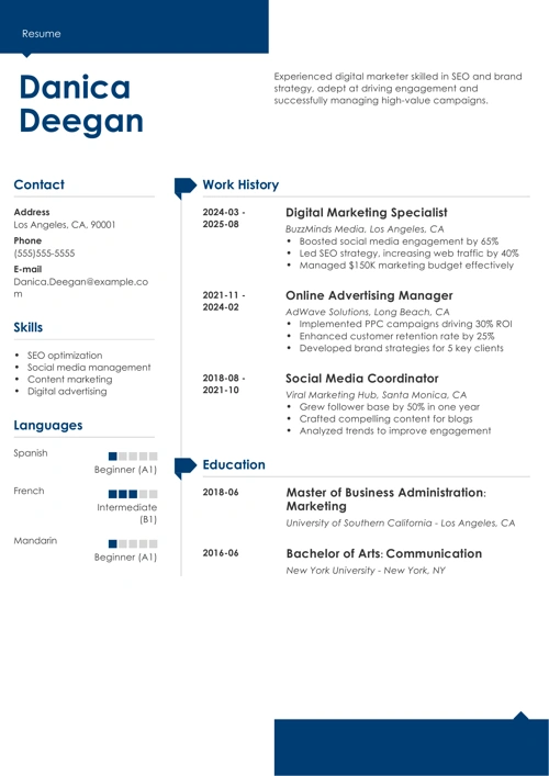 Digital marketing resume example