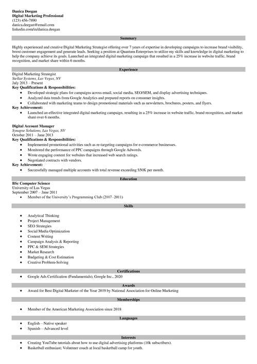 Digital marketing resume example