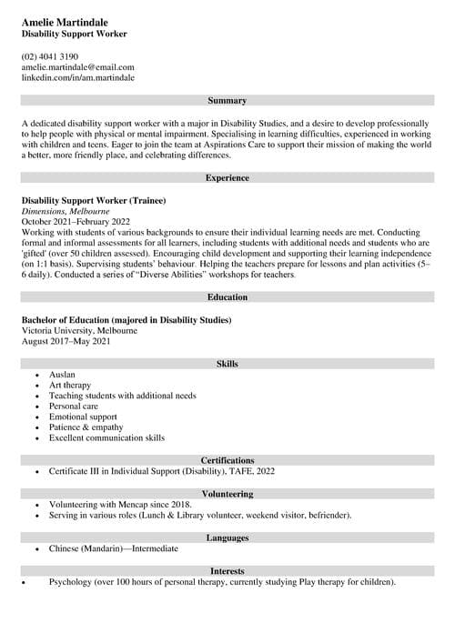 cover letter for disability support worker with no experience