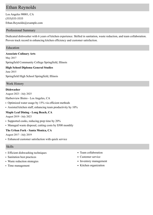Dishwasher Resume Sample