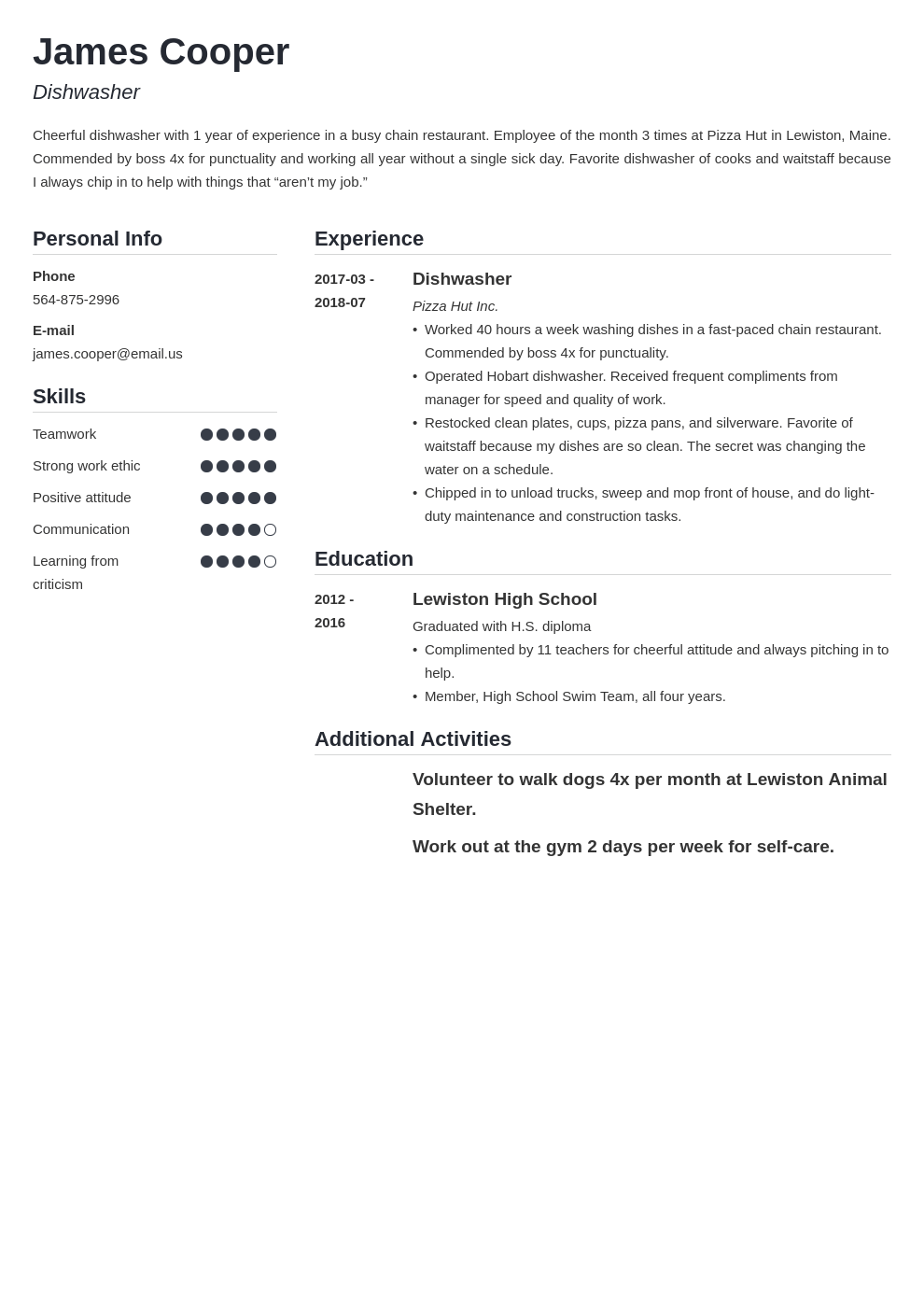 dishwasher resume example template simple