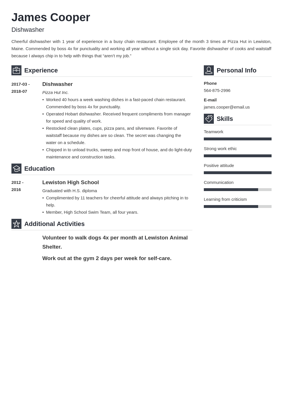 how to write a resume for dishwasher