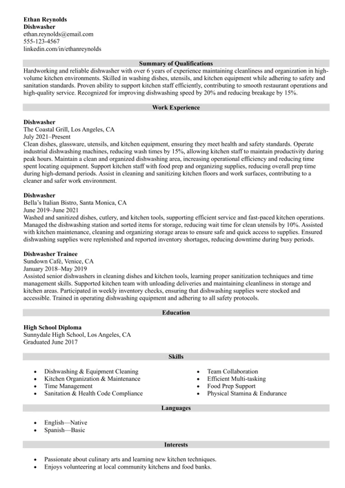 Dishwasher Resume Sample