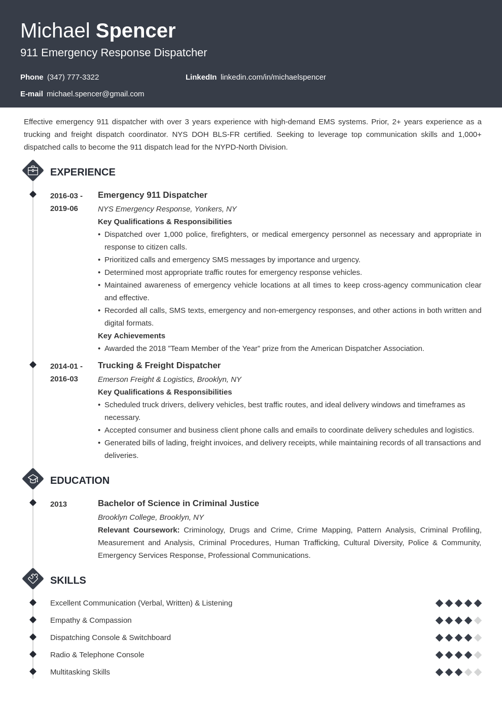 dispatcher resume example template diamond