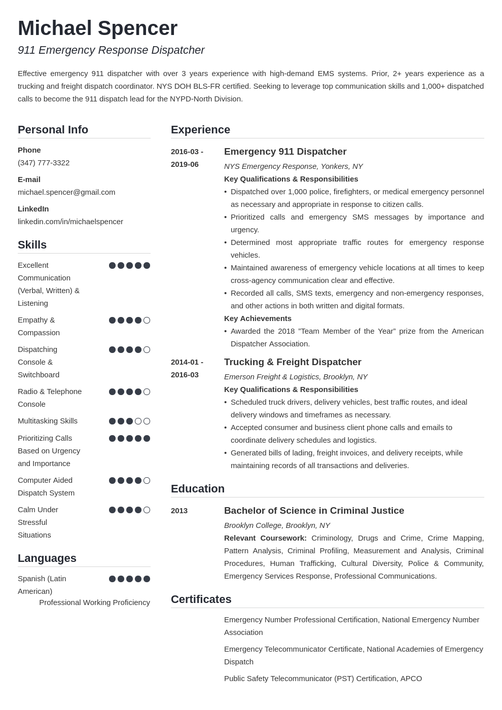 dispatcher resume example template simple