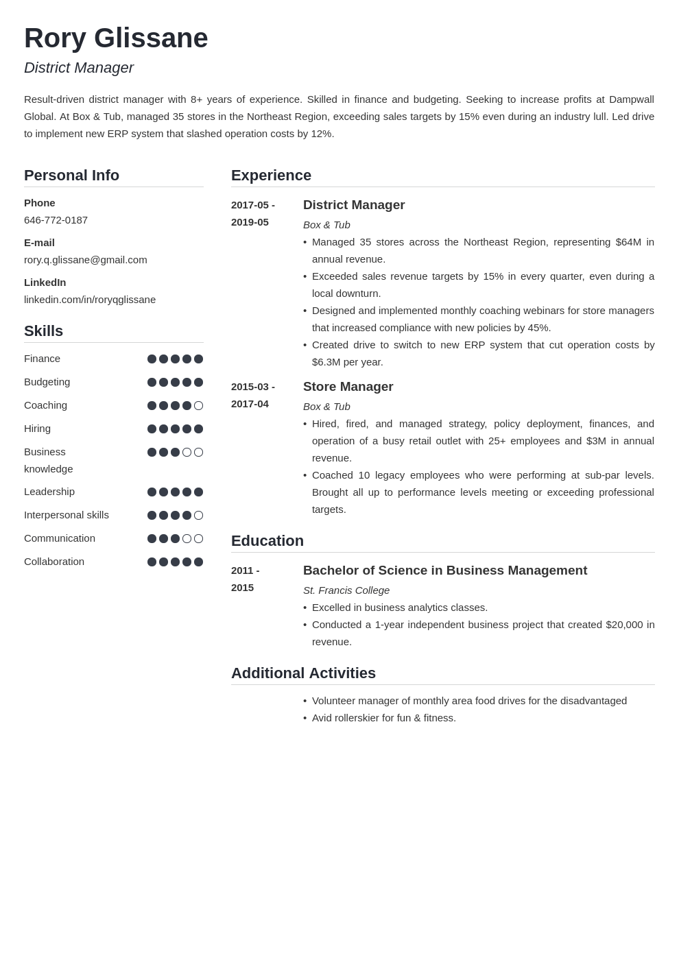district manager resume example template simple