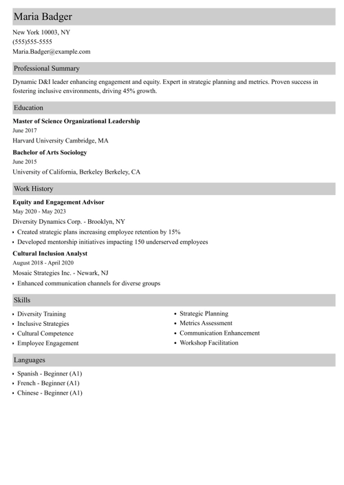 diversity and inclusion resume example