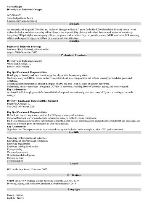 diversity and inclusion resume example