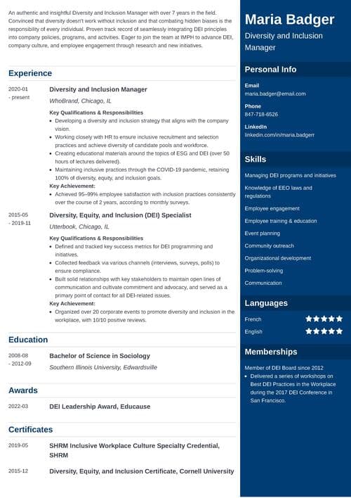 diversity and inclusion resume example