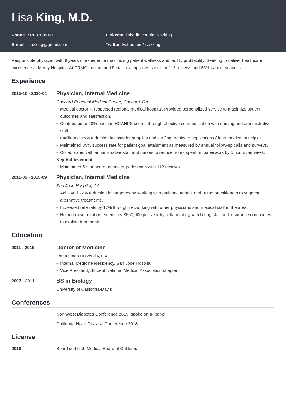 Medical Doctor Resume Examples Tips Md Cv Template