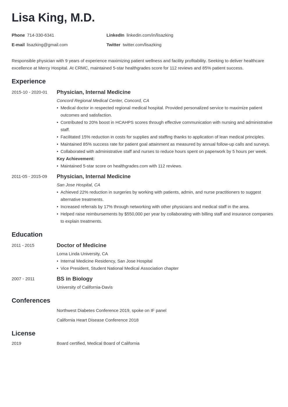 doctor resume example template minimo