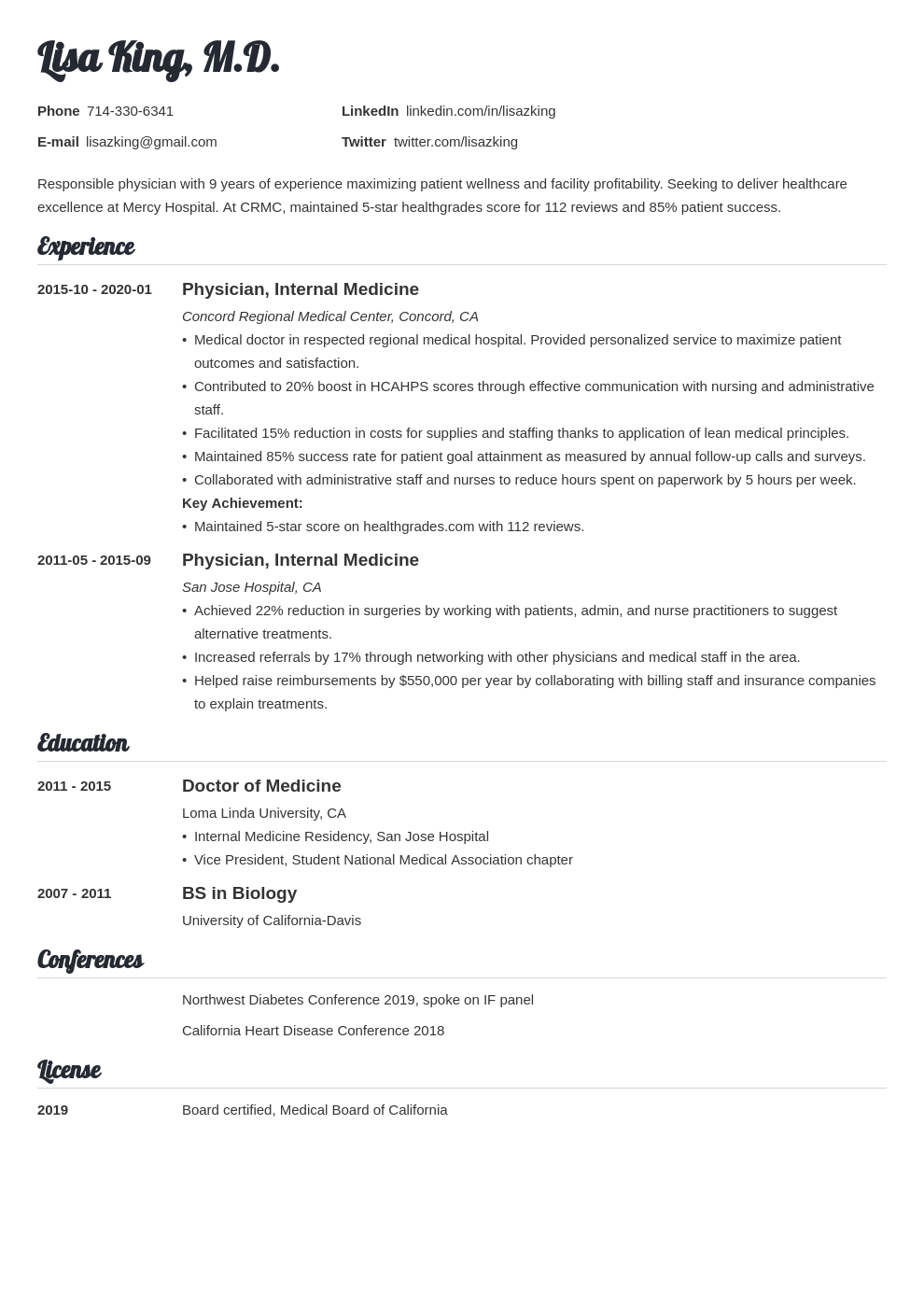Medical Doctor Resume Examples Tips Md Cv Template