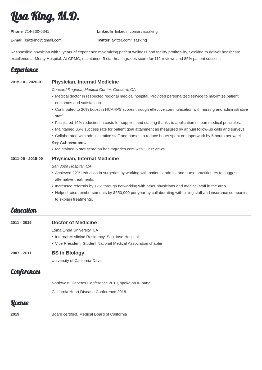 Doctor Resume Template Word - Perfect Free Resume Cv ...