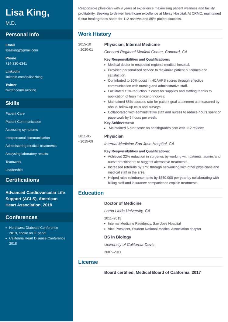 Doctor resume example on Cascade template by Zety