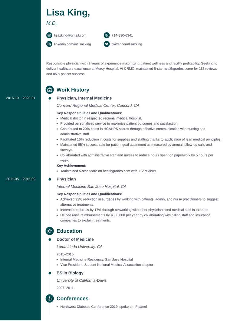 Doctor resume example on Concept template by Zety