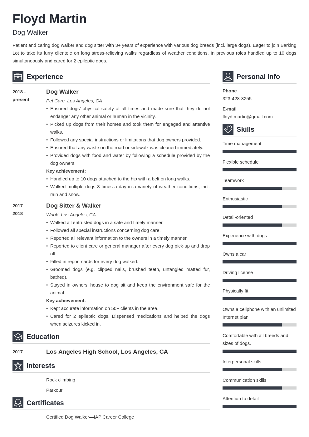dog walker resume example template vibes