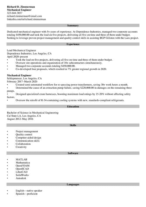 resume example made with Zety resume builder