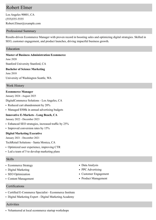 ecommerce resume example