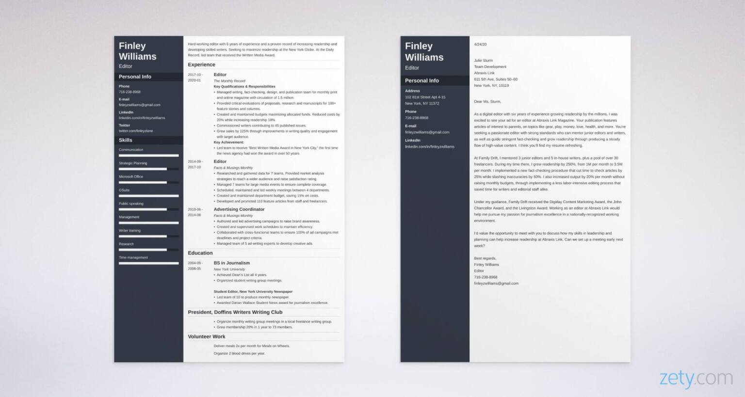 editor resume and cover letter set