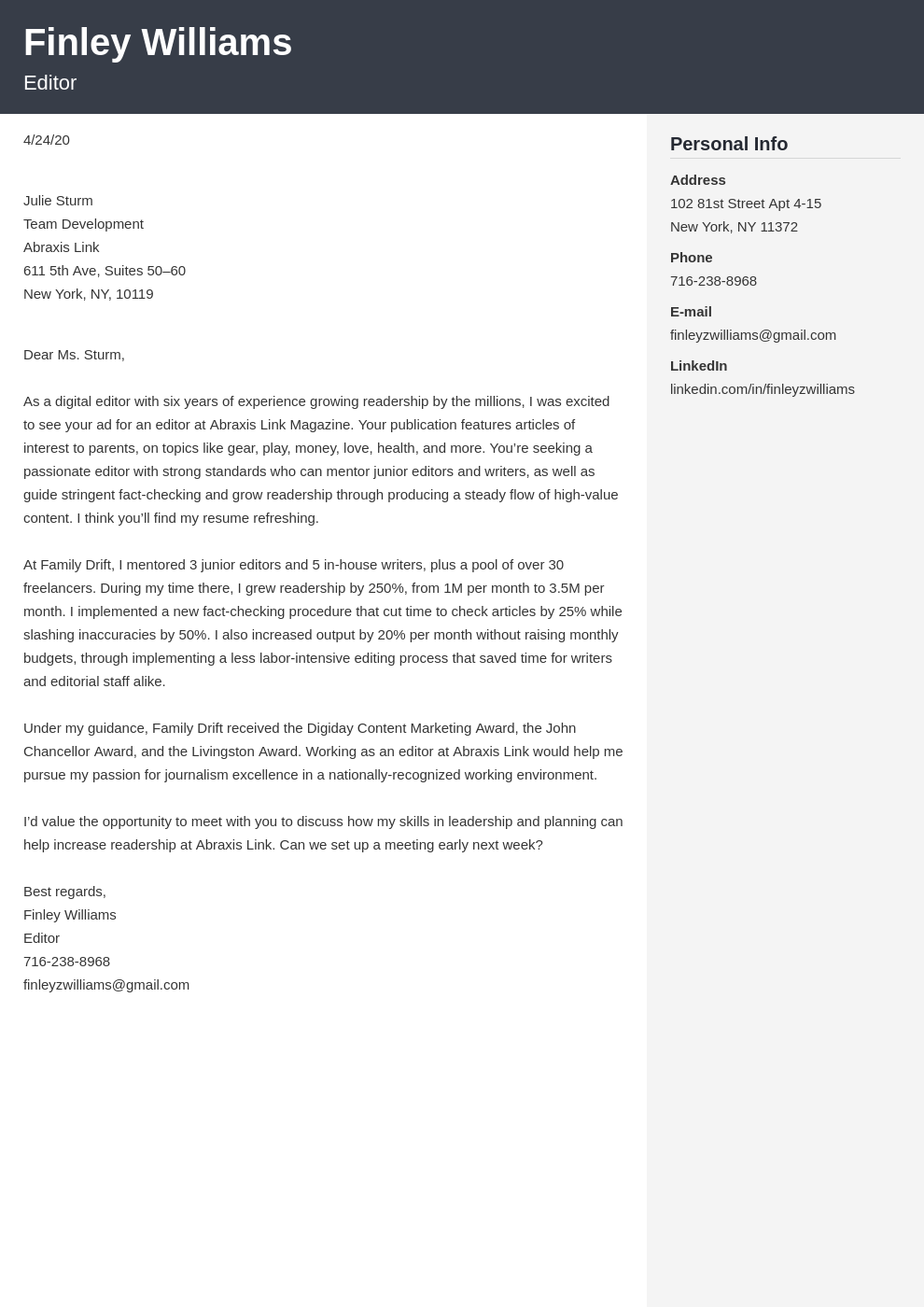 video editor cover letter examples