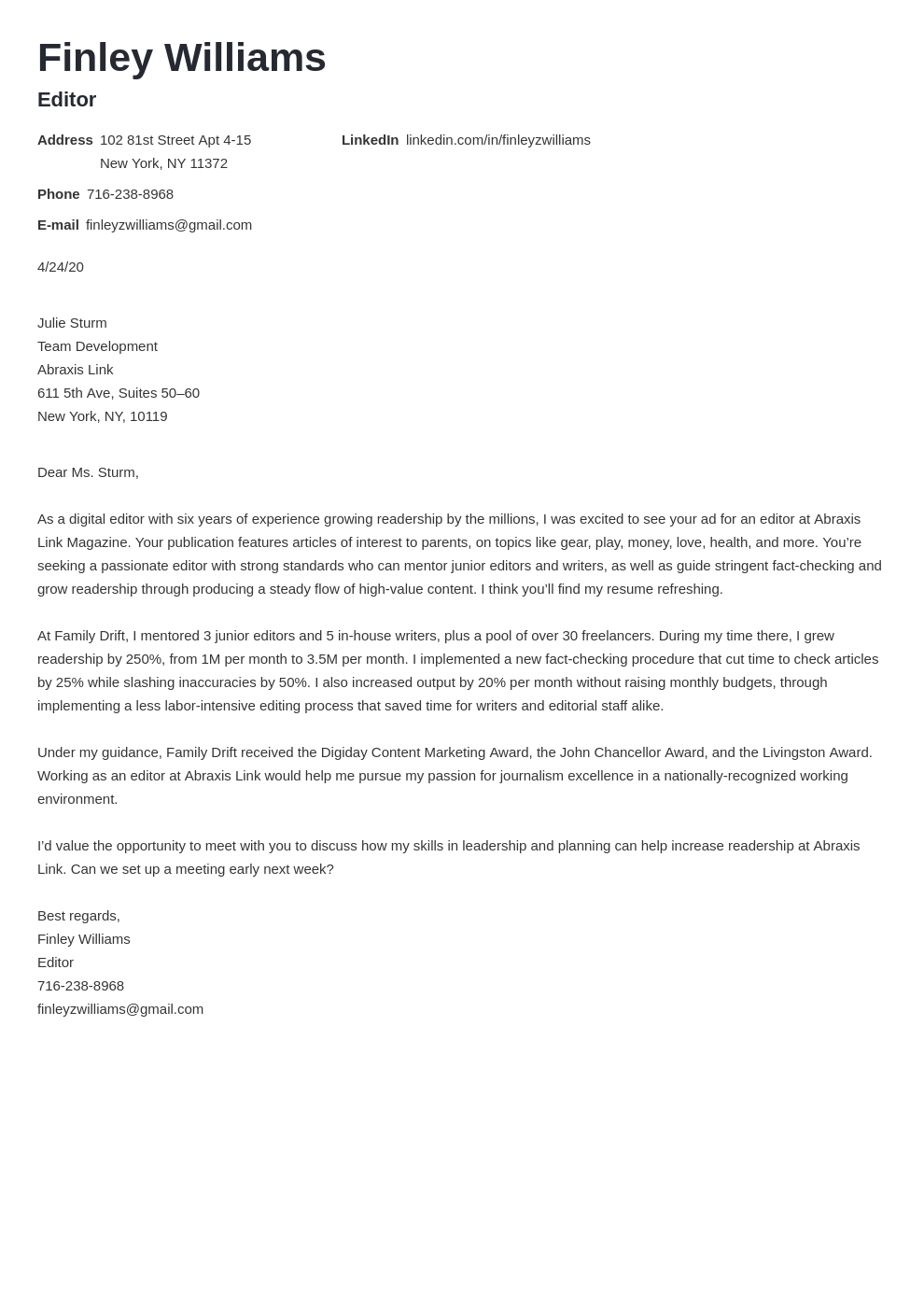 content writer email cover letter sample