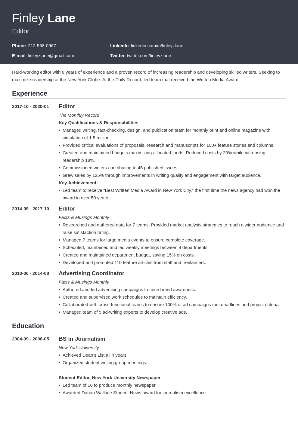 editor resume example template influx
