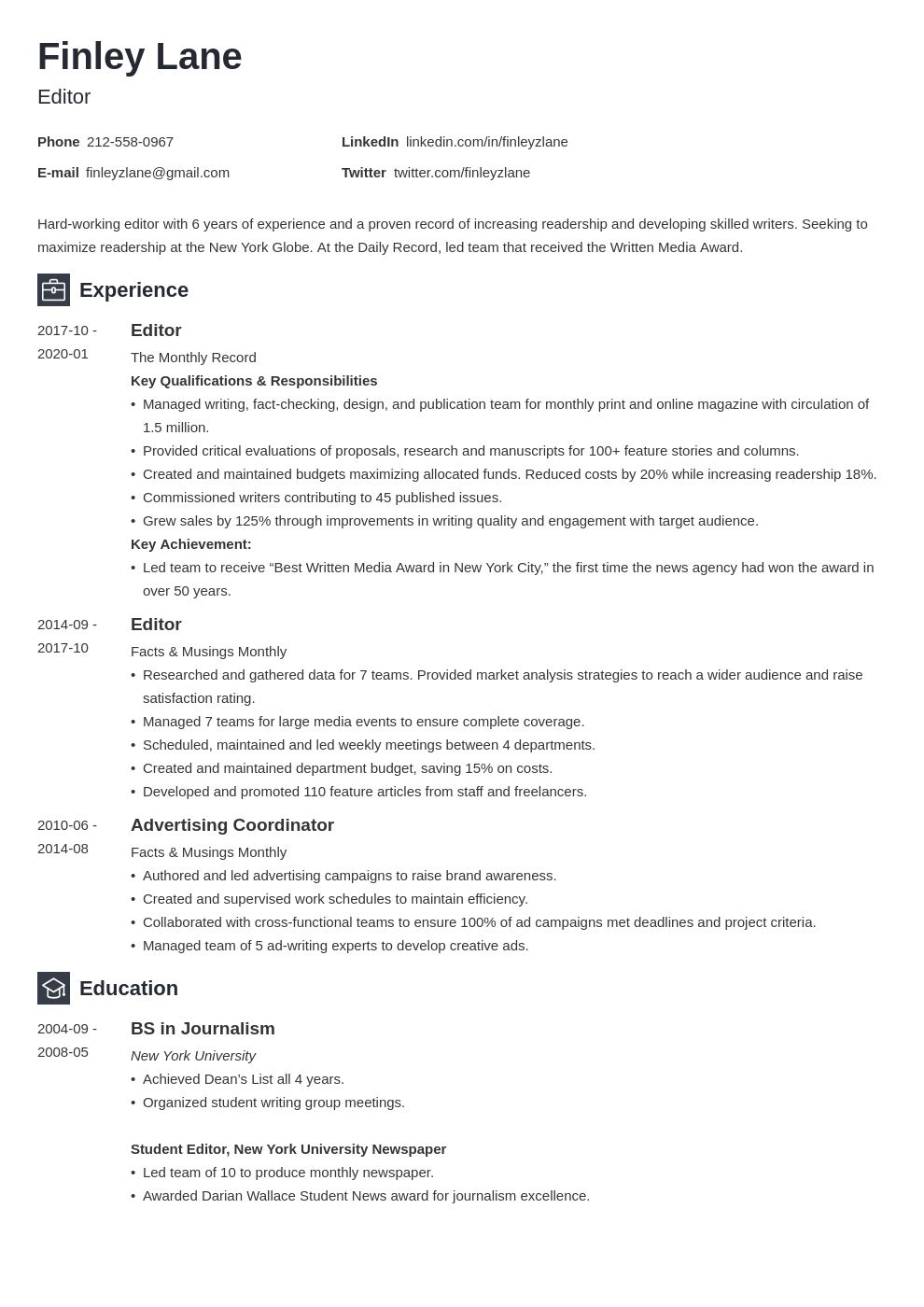 editor resume example template newcast