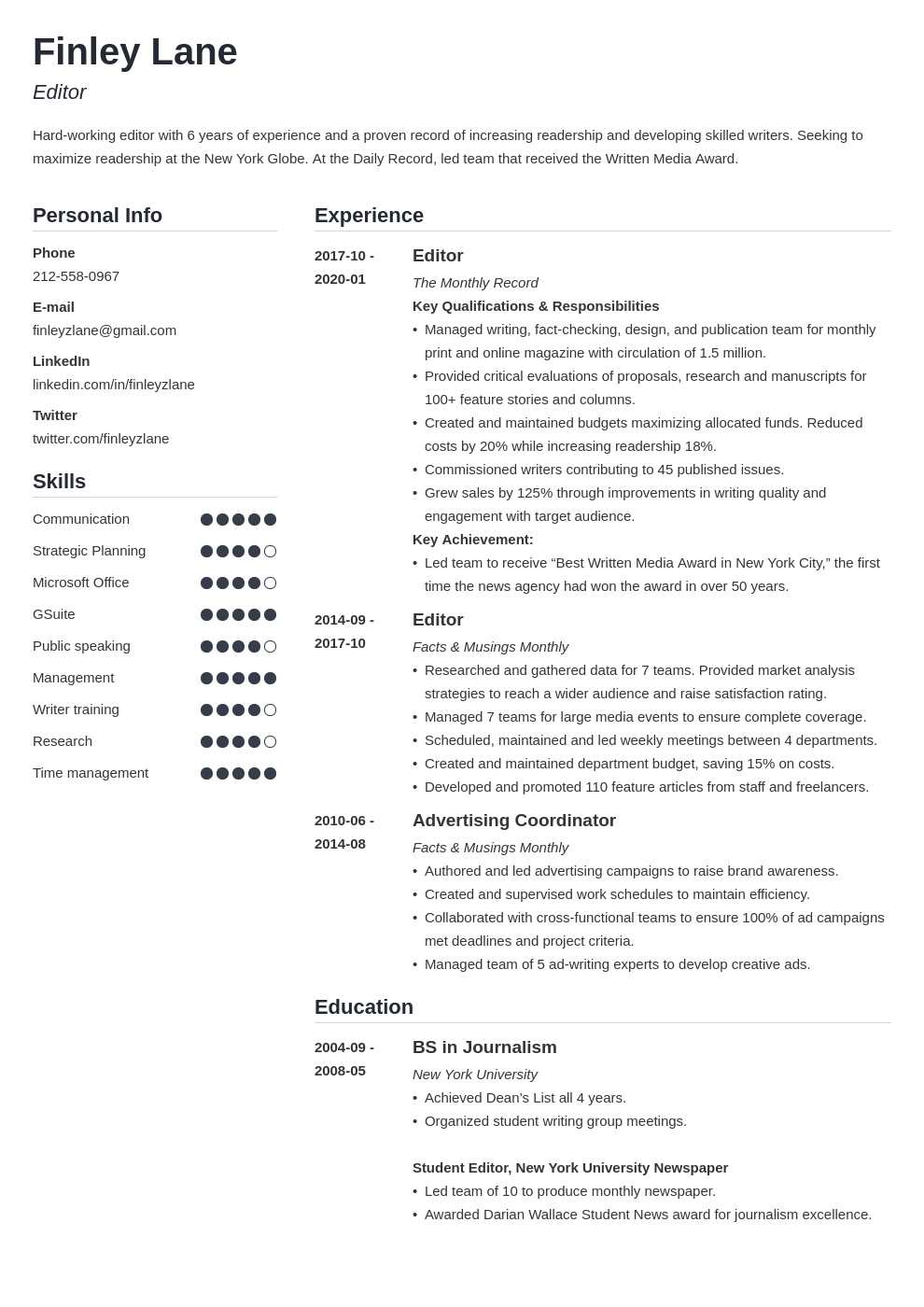 editor resume example template simple