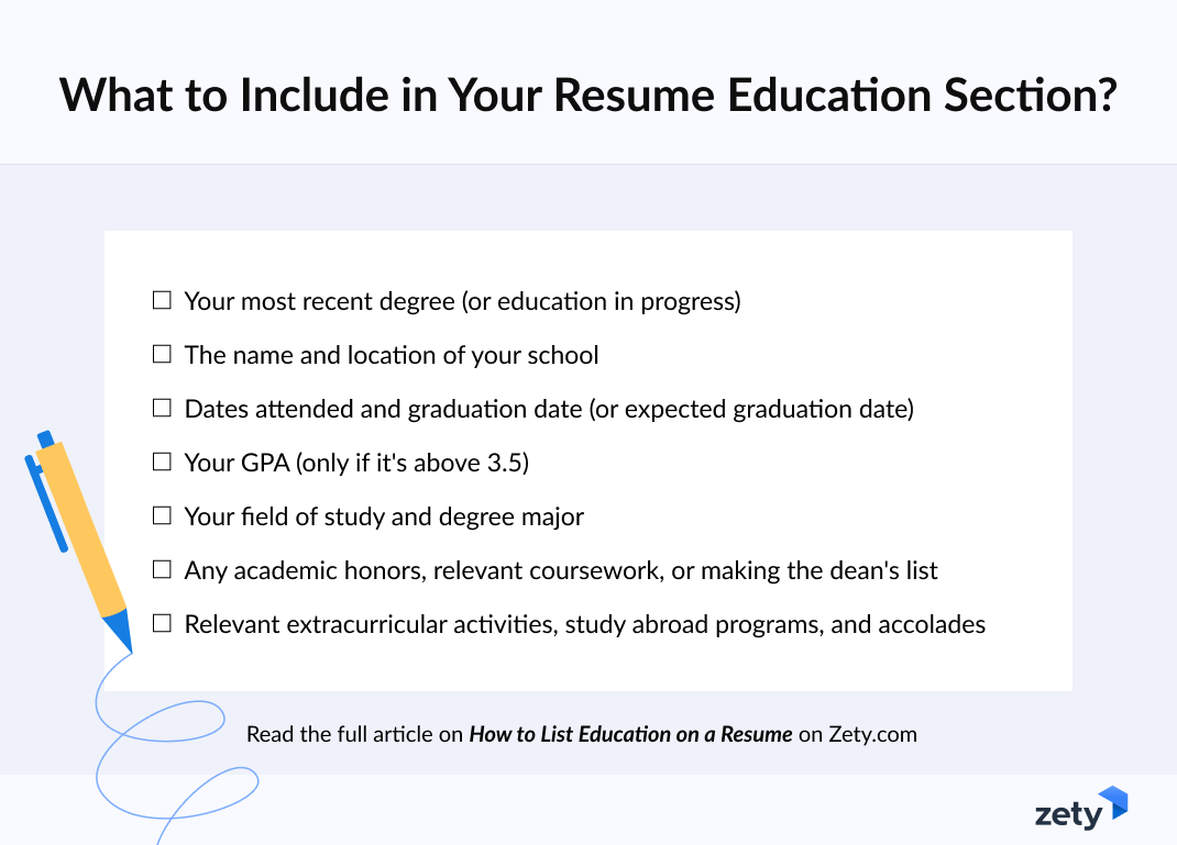 Infographic with a checklist on what to include in your resume education section