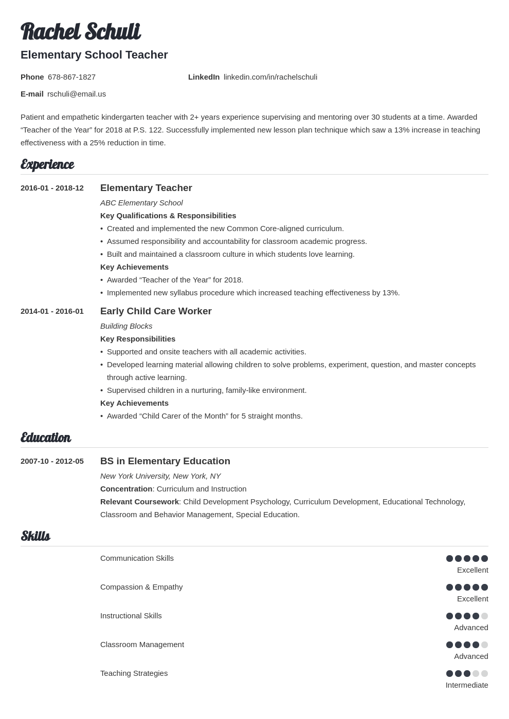 education resume examples for teaching jobs