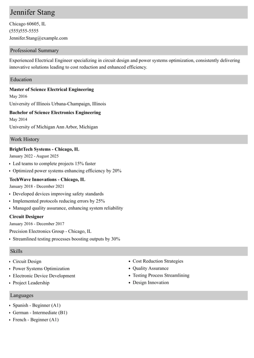 Electrical engineering resume example