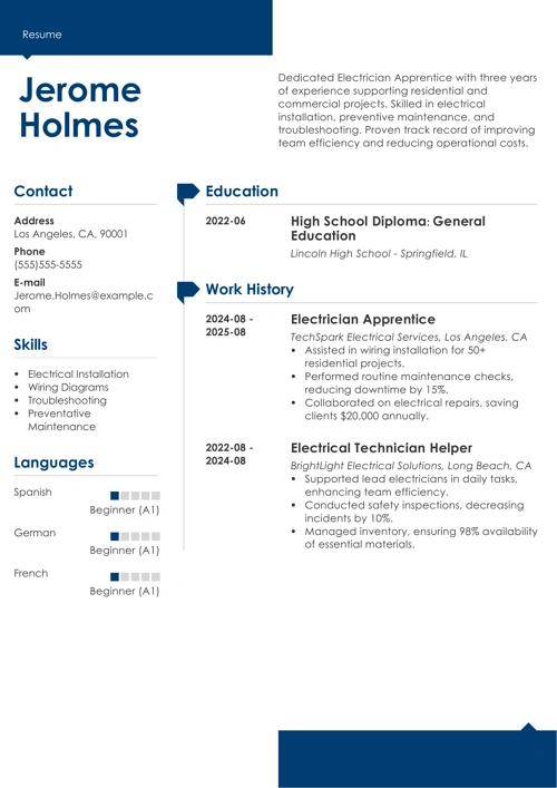 electrician apprentice resume example