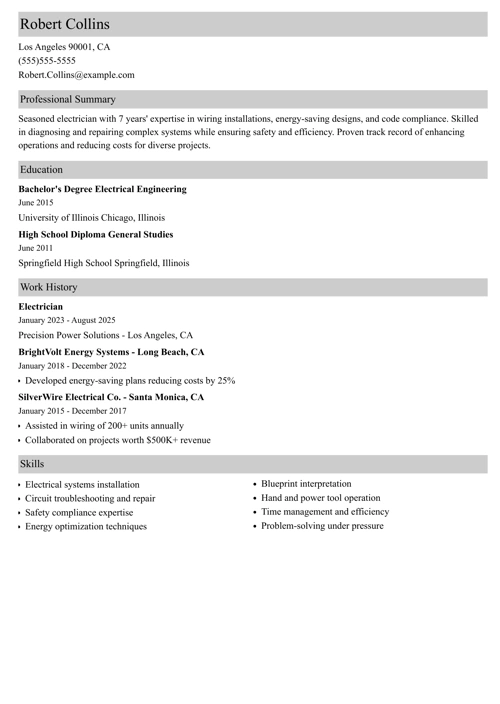 Electrician resume example