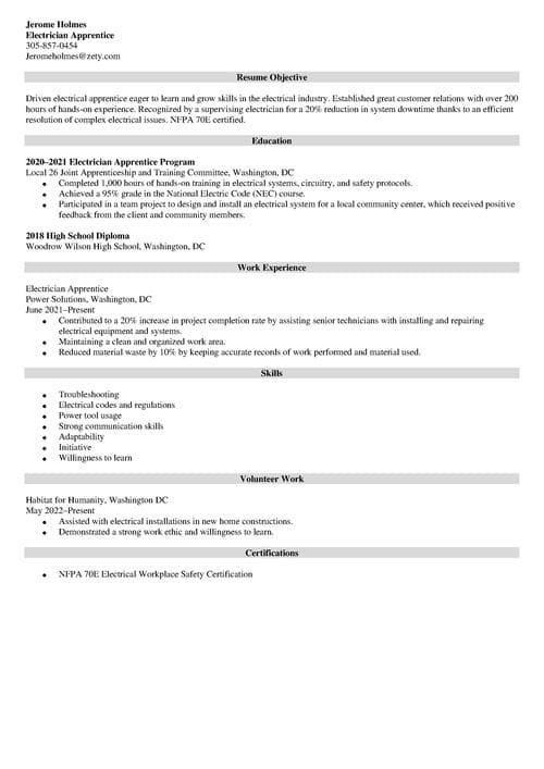 electrician apprentice resume example
