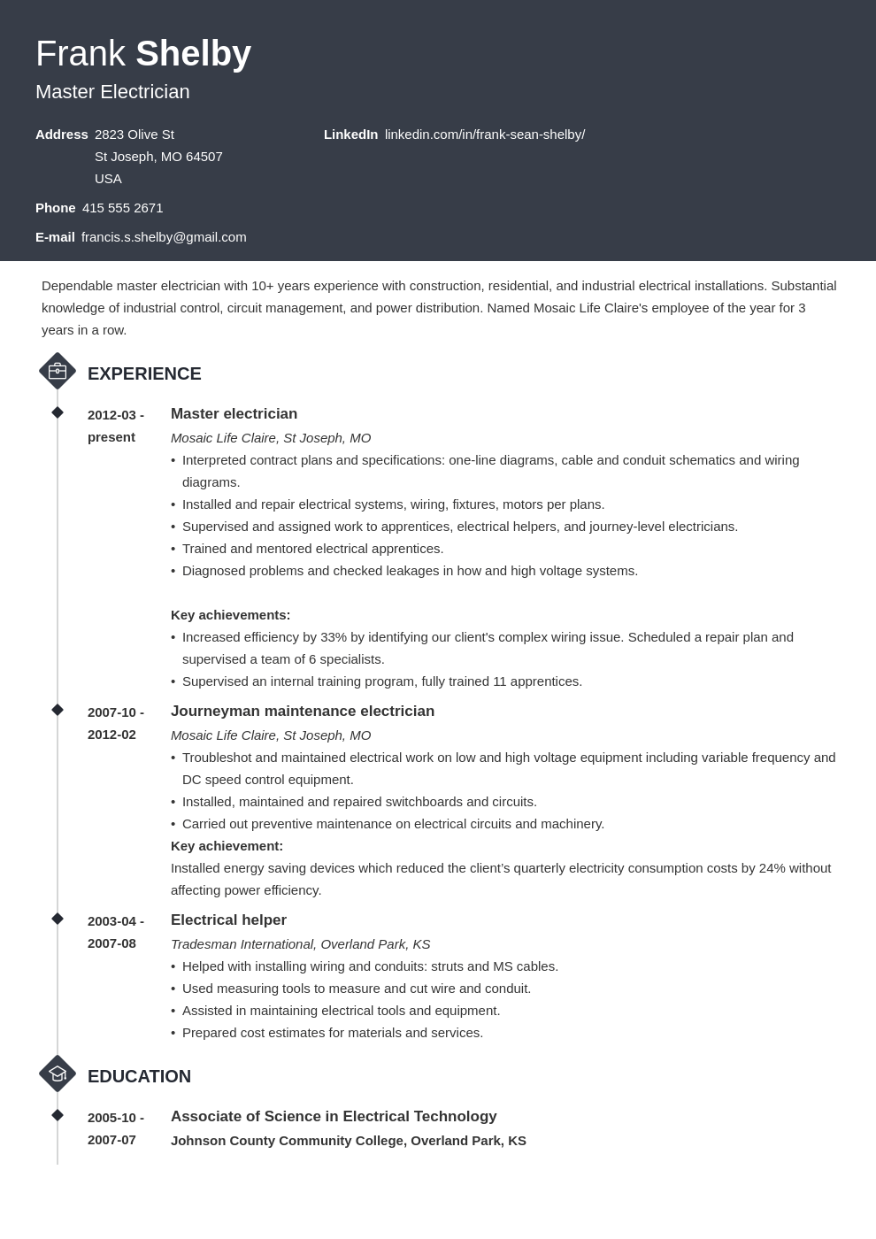 electrician resume example template diamond