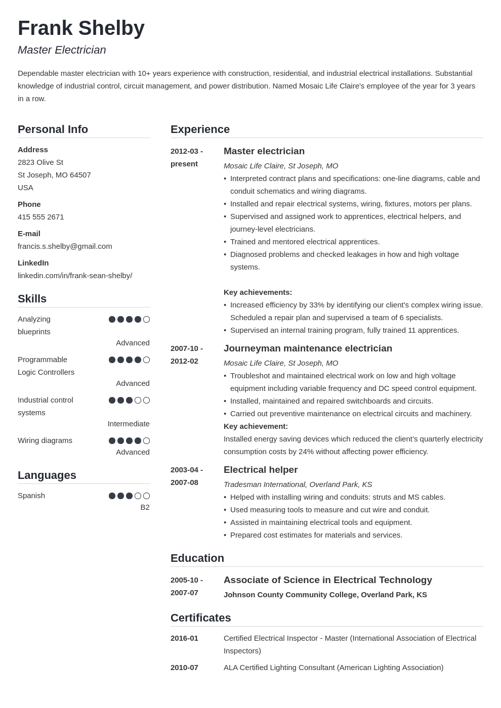 electrician resume example template simple