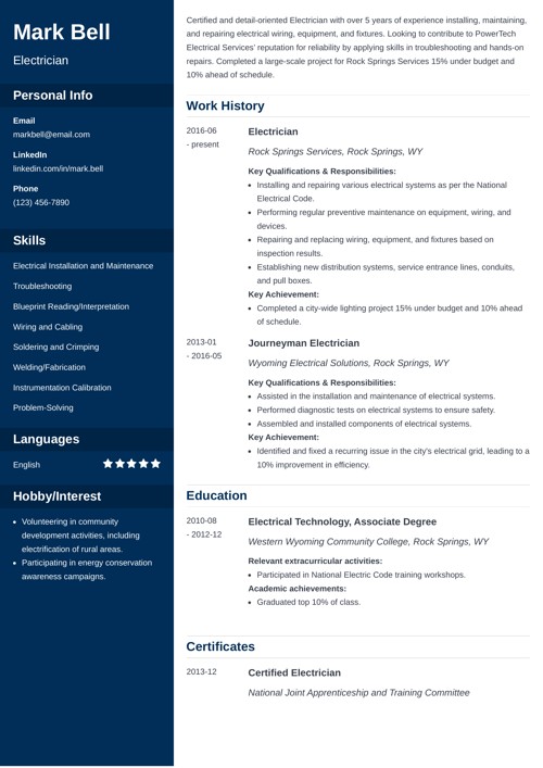 Electrician resume example