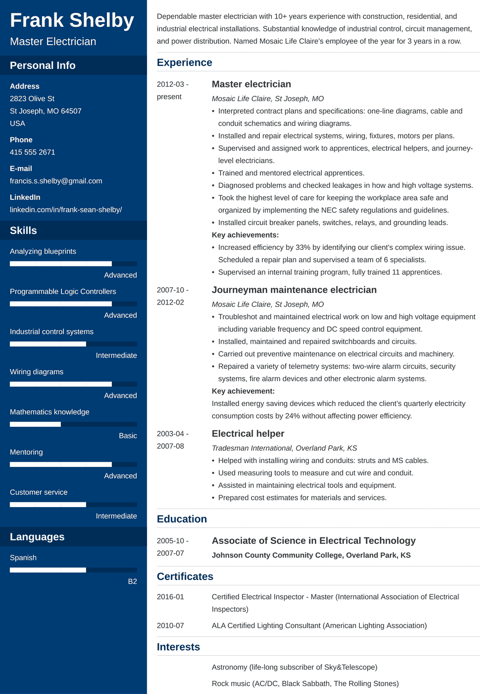 Electrician Resume Examples & Template for 2024
