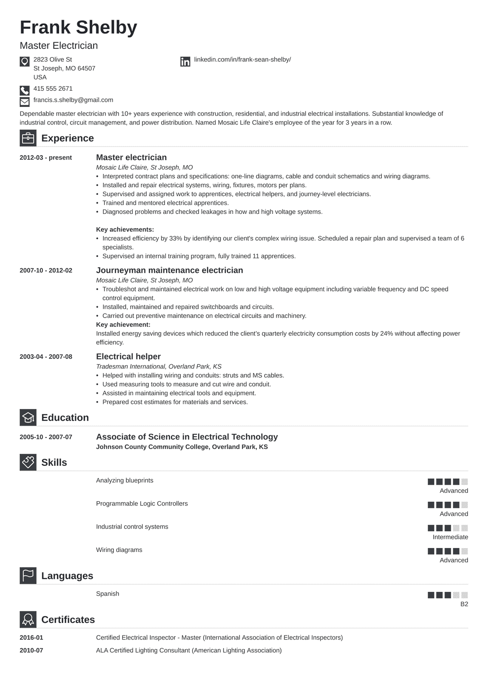 Electrician Resume Examples: Apprentice, Journeyman, Master