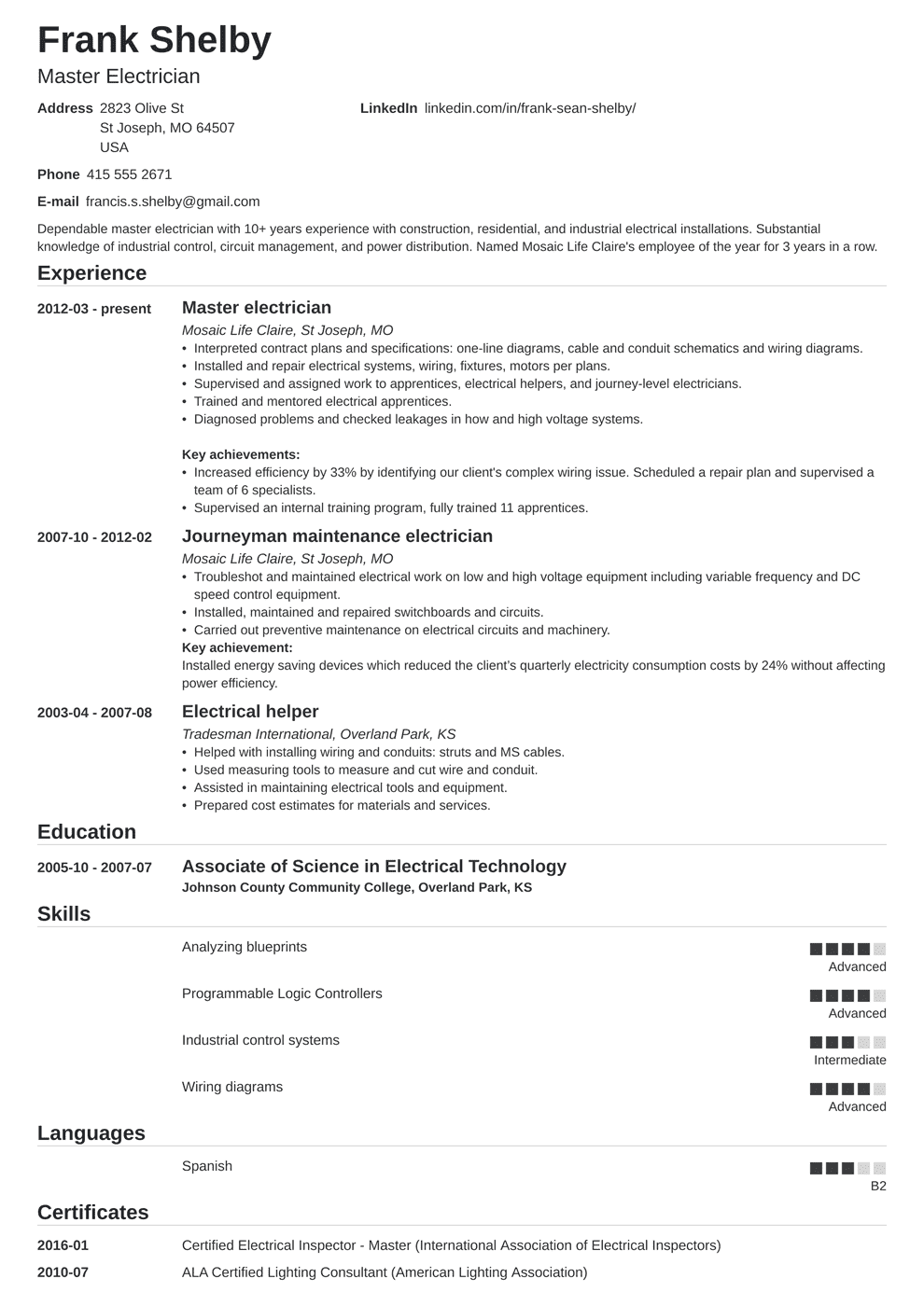 Electrician Resume Examples Apprentice, Journeyman, Master