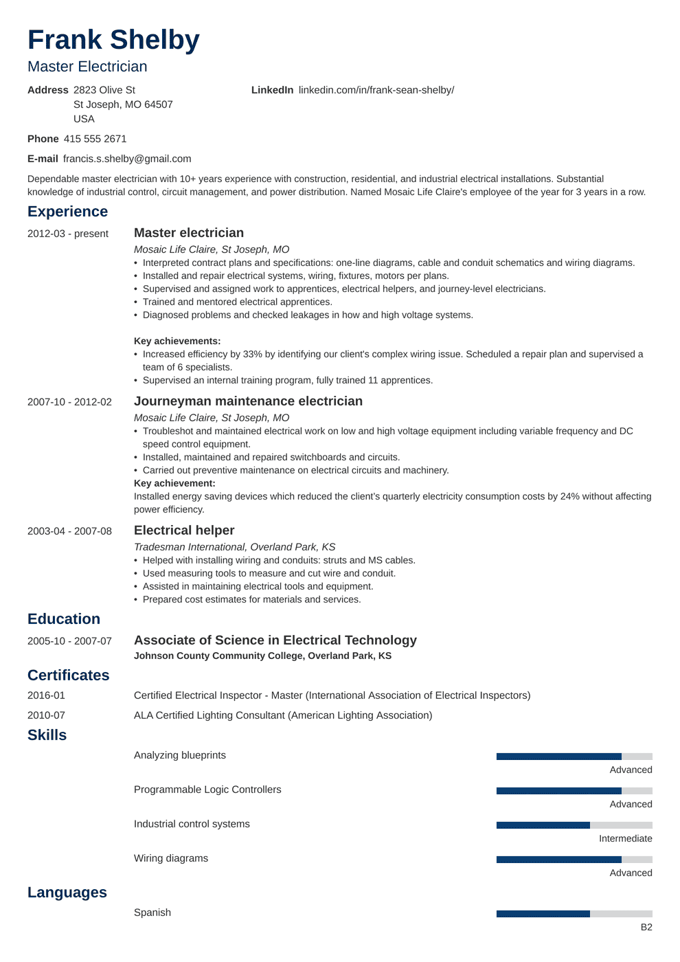Use our electrician resume sample and template. 
